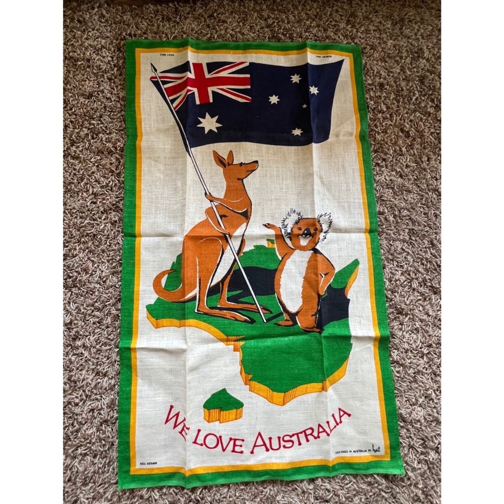 Vintage We Love Australia Pure Linen Tea Towel Kangaroo Koala Flag Souvenir Neil